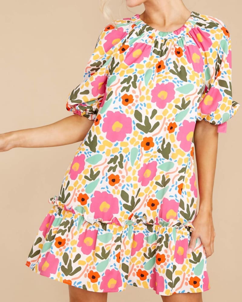 Front of a model wearing a size L Amelia Dress In Monet'S Garden in Monet'S Garden by Crosby by Mollie Burch. | dia_product_style_image_id:344646